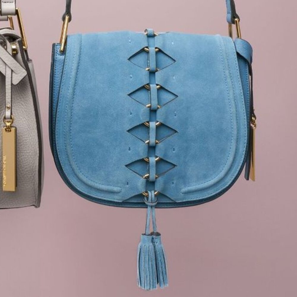 Vince Camuto “Ancel Suede Crossbody Bag” Icy Blue Boho Saddle Bag